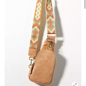 Anthropologie Tan Crossbody Bag with Patterned Strap